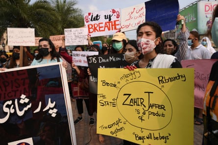 Rights activists in Lahore at a protest against violence towards women after the death of Noor Mukadam.