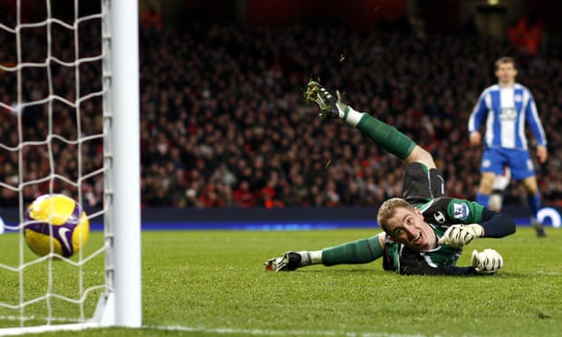 Chris Kirkland watches an Arsenal shot hit the post during Wigan's game at the Emirates Stadium in December 2008.