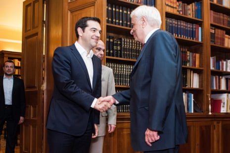 Greece’s Prime Minister Alexis Tsipras meets with the President of The Hellenic Republic Prokopis Pavlopoulos d<br>epa04837551 Greece’s Prime Minister Alexis Tsipras talks with the President of The Hellenic Republic Prokopis Pavlopoulos during a meeting in the Presidential Hall in Athens Greece, 08 July 2015. The European Stability Mechanism (ESM) received on 08 July the Greek request on a new loan programme. EPA/FOTIS PLEGAS G.