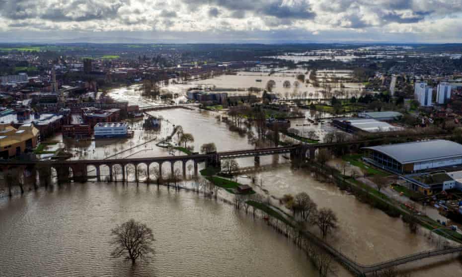 Flood water surrounds Worcester city centre on Thursday as residents in riverside properties in the area were told to leave their homes and businesses immediately after temporary flood barriers were overwhelmed by water