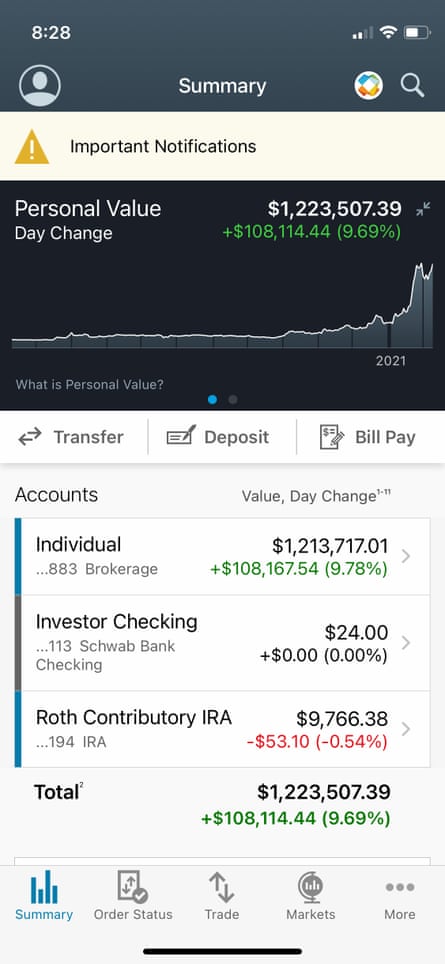 A screengrab of Alex Hurst’s brokering account.
