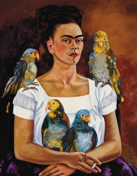 painting of a woman with four parrots