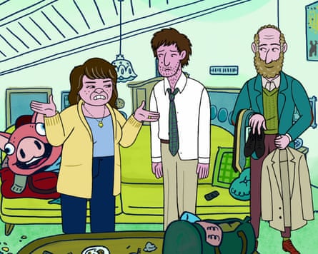 Edelstein with Max Greenfield as Yoshi Schwooper and Paul Reiser as Elliot Cooper in Long Story Short.