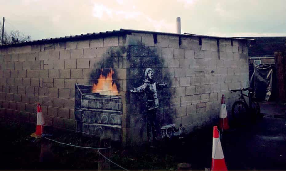 Banksy’s Season’s Greeting mural on the side of a Port Talbot garage