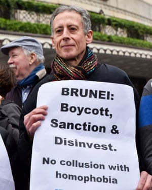 Peter Tatchell outside the Dorchester in London