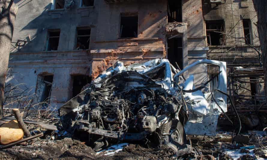 A view of a building, damaged as a result of shelling of the city by Russian missiles in the centre of Kharkiv