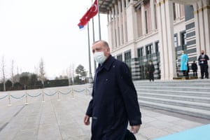 This file photo taken on 18 January, 2022 shows Turkish president Recep Tayyip Erdogan crossing the courtyard to welcome the Serbian president at the presidential residence in Ankara.