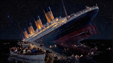 An AI-generated image of HMS Titanic sinking in 1912, with life rafts in the foreground surrounding by drowning passengers