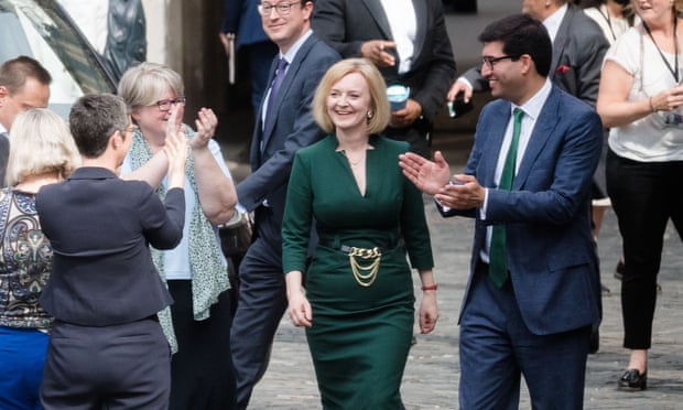 Liz Truss with supporters outside the House of Commons, London, 20 July 2022.