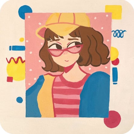 A colourful pastel-style illustration of a young girl wearing a baseball cap and sunglasses