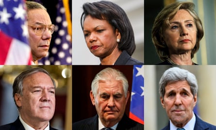 A composite image showing former secretaries of state Colin Powell, Condoleezza Rice, Hillary Clinton, John Kerry, Rex Tillerson and Mike Pompeo