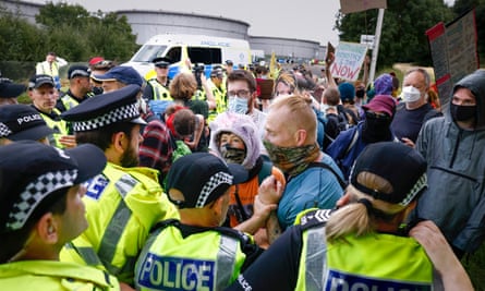 Activists come face to face with police during the protest at Grangemouth.
