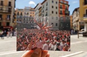 Pamplona, Spain: a photograph taken during the opening of the San Fermin festival in 2019 is held up in the square where it usually takes place