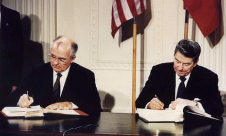 Gorbachev and Reagan sign the INF treaty in Washington in December 1987. Pelton was arrested in November 1985 and jailed a year later.