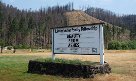 A church sign at the site of the 2020 Holiday Farm fire.