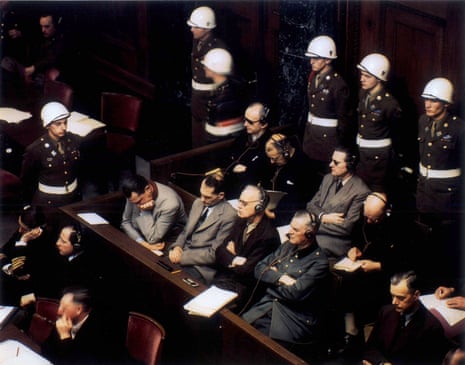 Hermann Goering, Rudolf Hess, Joachim von Ribbentrop, Wilhelm Keitel and Alfred Rosenberg at the Nuremberg trials, 1946