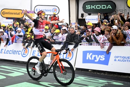 Thymen Arensman of Ineos Grenadiers wins stage 14 of the 2025 Tour de France cycling race.