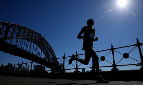 An athlete competes in the Sydney marathon in 2019. Kenyan Moses Kibet won the 2022 race in record time for Australian events.