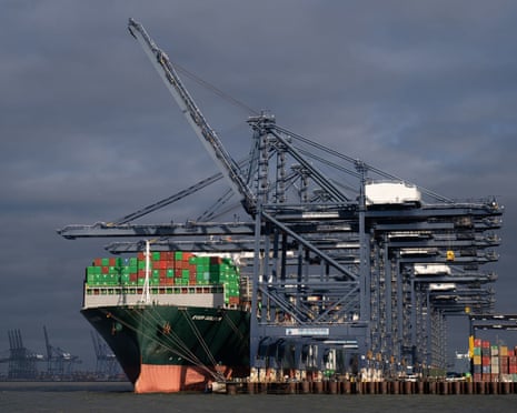A container ship is unloaded at Felixstowe in Suffolk.