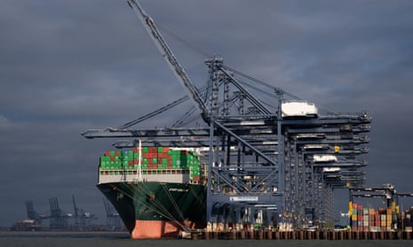 A picture of container ship Ever Golden being unloaded at the Port of Felixstowe in October.