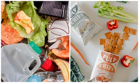 Composite of two studio images. On the left is a pile of half-eaten food and clean recycling, and on the right is a picture of a bag of something called 'Pulp Chips,' which are small, orange-ish square.