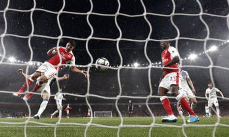 Alexis Sanchez heads home his, and Arsenal’s, second goal.