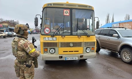 A school bus for evacuating refugees from Volnovakha in the Donetsk region of eastern Ukraine