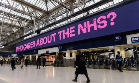 ‘Who cares about the NHS?’ slogan at Waterloo station in London