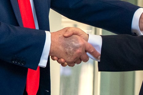 A close view of Donald Trump’s handshake with the president of South Korea, Lee Jae Myung, on Monday at the White House.