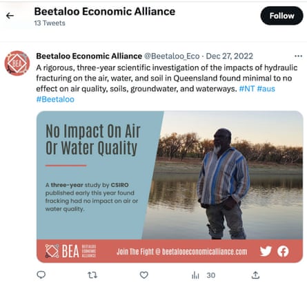 A screenshot of a Twitter post from the pro-fracking Beetaloo Economic Alliance, showing Mudburra elder Ray Dimakarri Dixon, who is an opponent of fracking