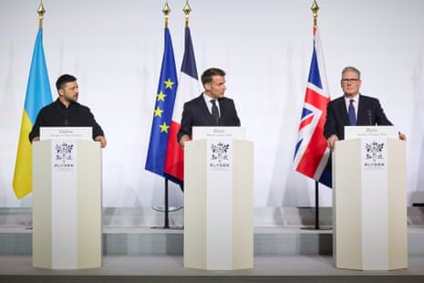 Ukrainian President Volodymyr Zelenskyy speaking at a press conference alongside European leaders in Paris, France.