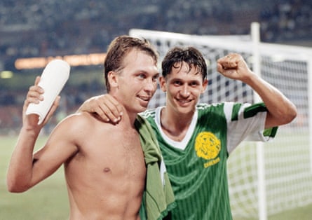 England players David Platt (left) and Gary Lineker celebrate after the quarter final game in which they beat Cameroon.