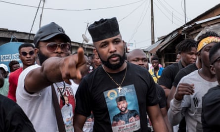 Banky W (centre) at a campaign rally in Lagos in January class=