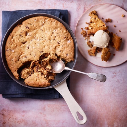 Peanut and chocolate skillet cookie.