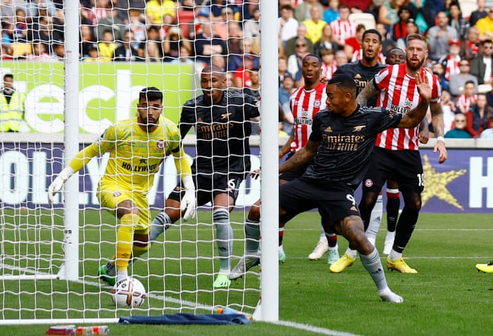 Brentford v Arsenal: Premier League – live | Premier League 5 Saliba looks on as his header crosses the line.