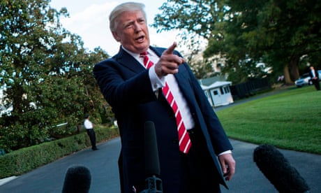 US President Donald Trump speaks with reporters outside the White House prior to his departure aboard Marine One on October 7, 2017. During the exchange, President Trump called NBC News, “Fake News” after the news agency reported tension between Trump and US Secretary of State Rex Rex Tillerson. The President will travel to Greensboro, North Carolina this evening to participate in a roundtable discussion with Republican National Committee members. / AFP PHOTO / Alex EDELMANALEX EDELMAN/AFP/Getty Images