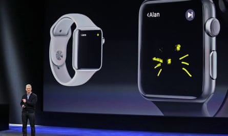 Cook explains the features of the new Apple Watch last year.