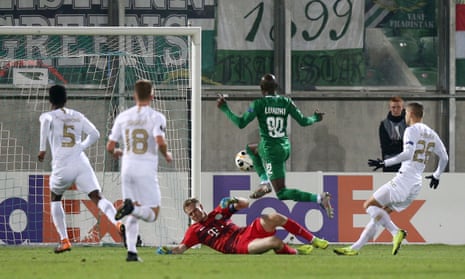 Ludogorets Razgrad’s Jody Lukoki scores their first goal.