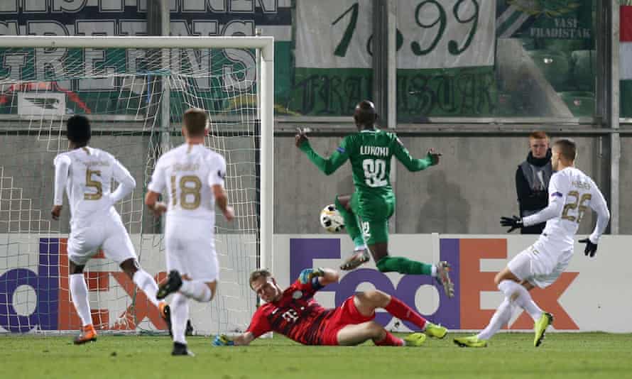 Ludogorets Razgrad’s Jody Lukoki scores their first goal.
