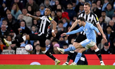 Bernardo Silva scores Manchester City’s second goal against Newcastle.