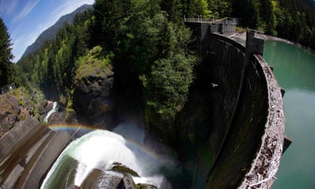 A bird flies past water spilling through the Glines Canyon Dam on the Elwha River