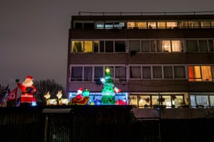 Illuminated inflatable Christmas characters on the Aylesbury estate, South London.