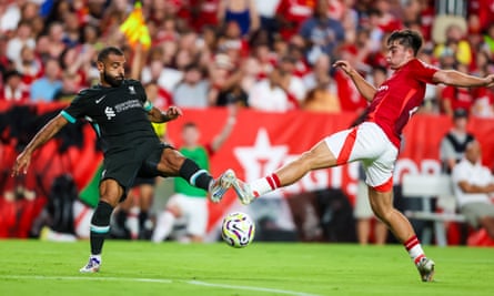Harry Amass takes on Mohamed Salah in the pre-season friendly between Manchester United and Liverpool at Williams-Brice Stadium in South Carolina