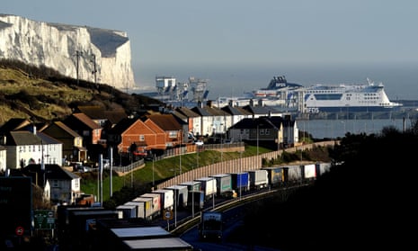 Lorries queue for the Port of Dover in Kent, as the Dover TAP is enforced due to the high volume of lorries waiting to cross the Channel.