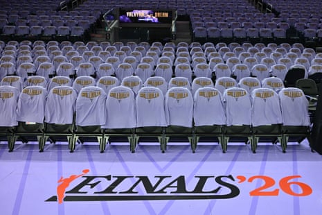 WNBA finals T-shirts are displayed before Game 1 between the Dream and Valkyries at Chase Center in San Francisco on Saturday.