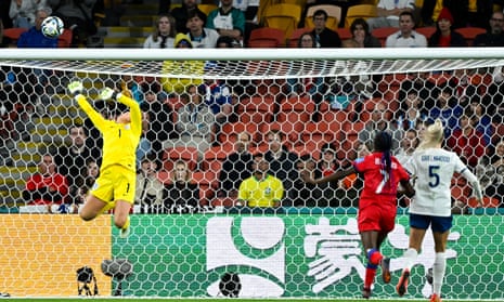 Mary Earps of England saves a shot on goal from Batcheba Louis.