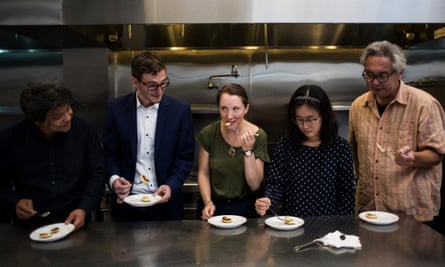 Taste of the future ... the panel (from left) – Ron Shigeta of Indie Bio, Brian Wyrwas, Amy Fleming, and Finless Foods’ Jihyun Kim and Robert Hughes – try the cultured carp croquettes.