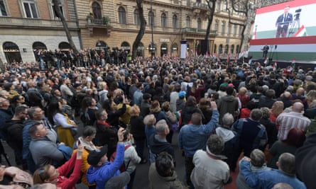 Péter Magyar speaking to a huge crowd in the centre of Budapest on 15 March 2024.