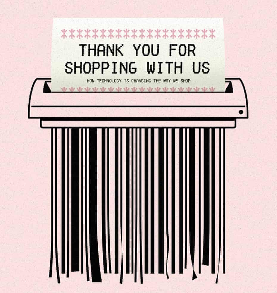 An illustration, on a pink background, of a till receipt with the words 'thank you for shopping with us' on it