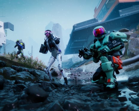 Armored character with weapon in Marathon video game